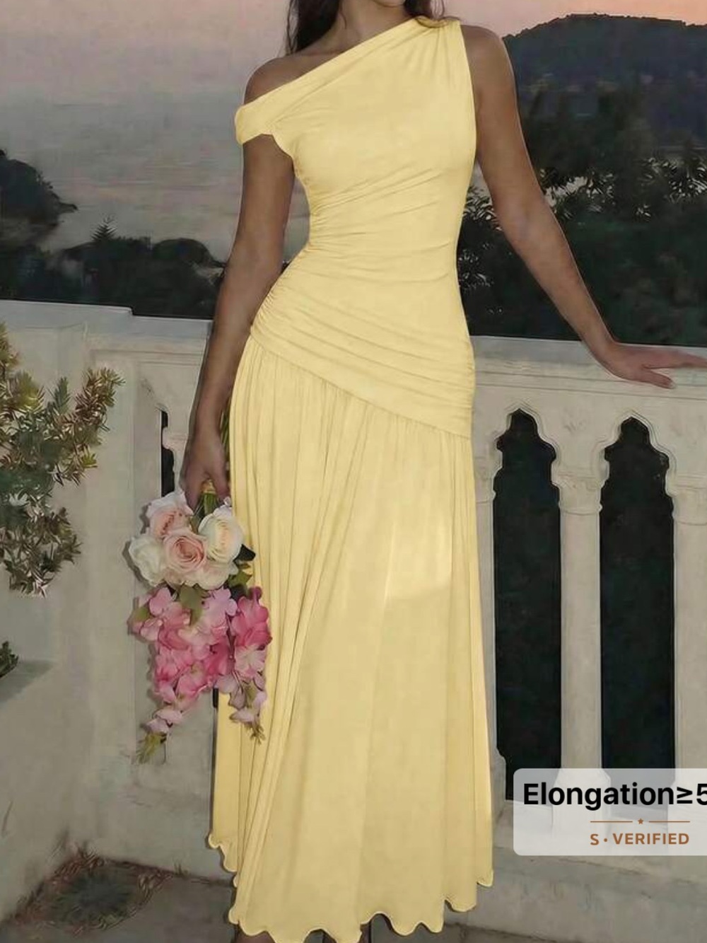 Yellow One-Shoulder Ruched Maxi Dress - Picture 4 of 4